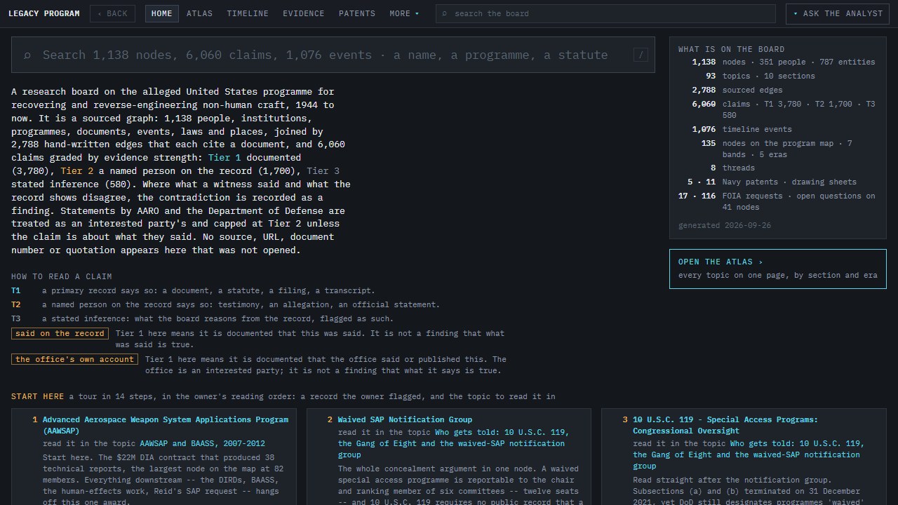 The board's home page: a search field, the counts, and a key for reading a claim.